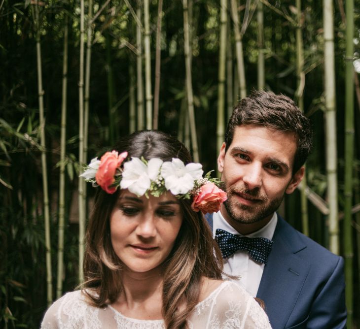 Boho Bride in Veronica Miranda Bridal Separates & Flower Crown & Groom in Navy Suit & Bow Tie