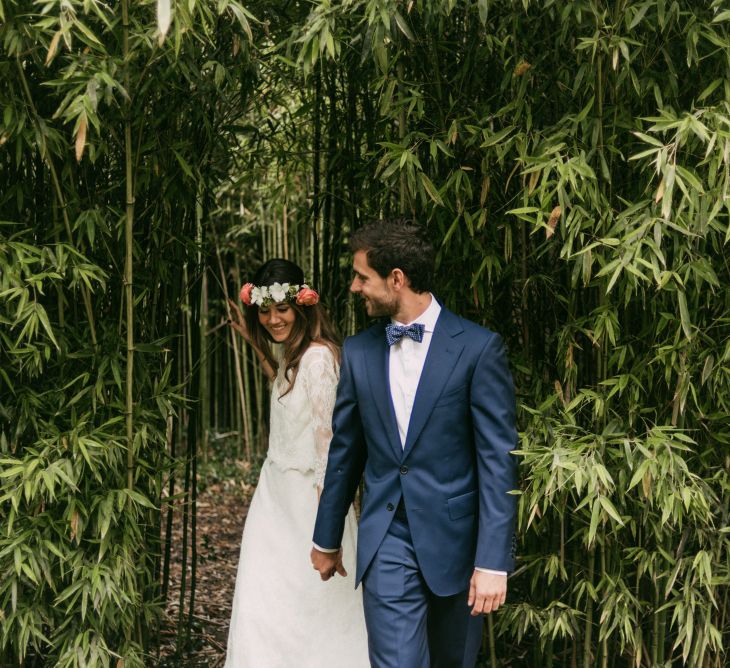 Boho Bride in Veronica Miranda Bridal Separates & Flower Crown & Groom in Navy Suit & Bow Tie