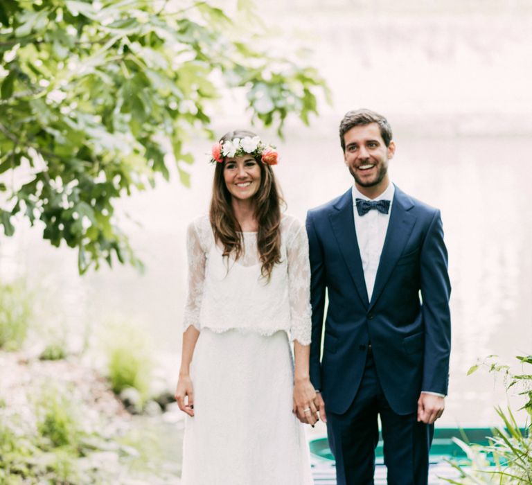 Boho Bride in Veronica Miranda Bridal Separates & Flower Crown & Groom in Navy Suit & Bow Tie