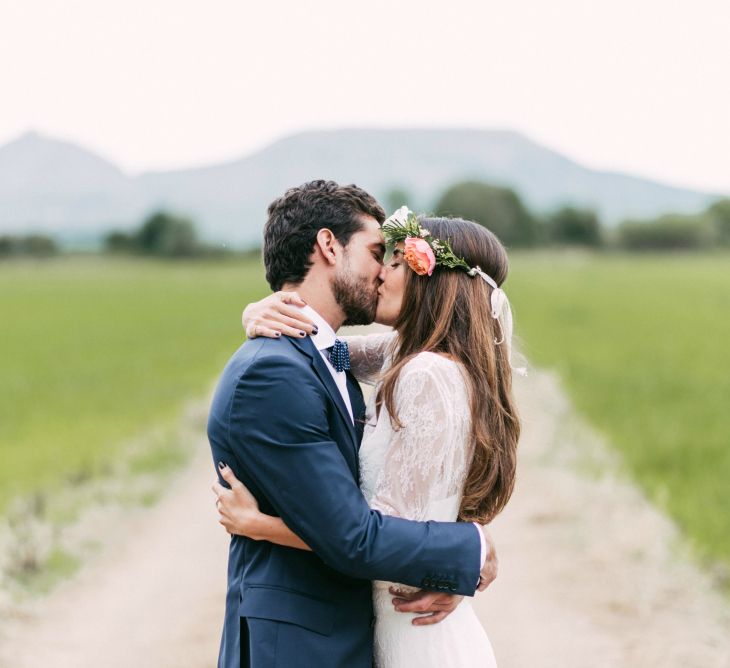 Boho Bride in Veronica Miranda Bridal Separates & Flower Crown & Groom in Navy Suit & Bow Tie