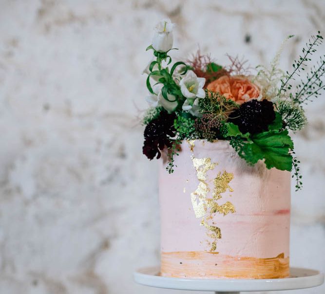 Blush Pink Wedding Cake With Brushed Gold Detail