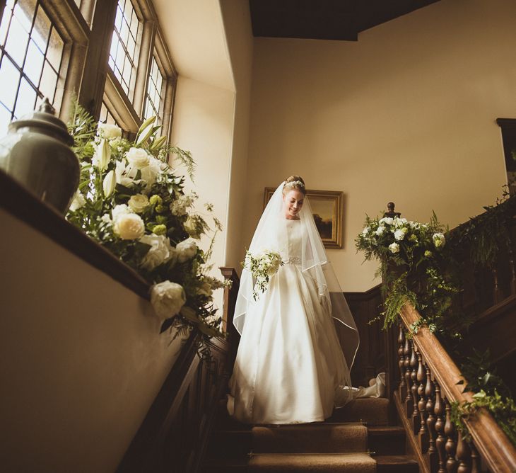 Bride in Tom Flowers Dress, Long Satin Gloves & Ivory & Co. Headdress