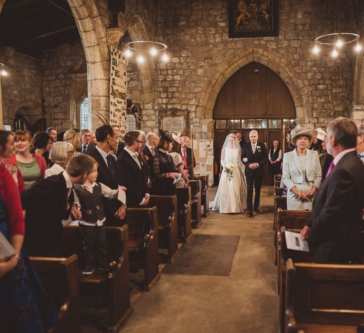 Bride in Tom Flowers Dress, Long Satin Gloves & Ivory & Co. Headdress Church Wedding Ceremony Entrance