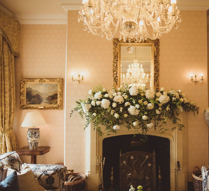 White Roses & Hydrangea Fireplace Overmantel Floral Arrangement