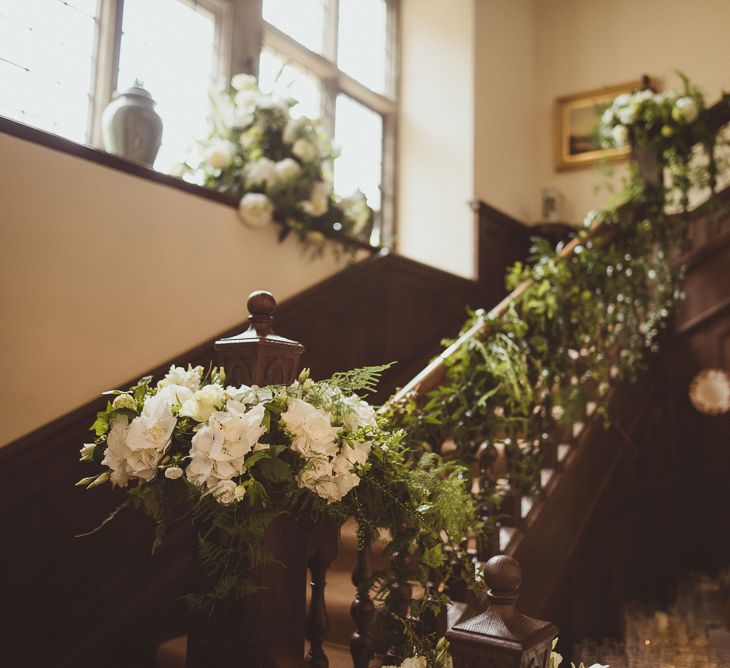 White Roses & Hydrangea Staircase Floral Arrangement