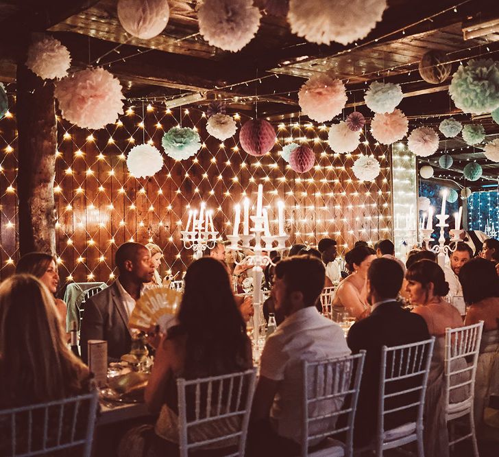 Fairy Lights, Hanging Lanterns, Honey Comb Balls & Paper Pom Poms Wedding Decor