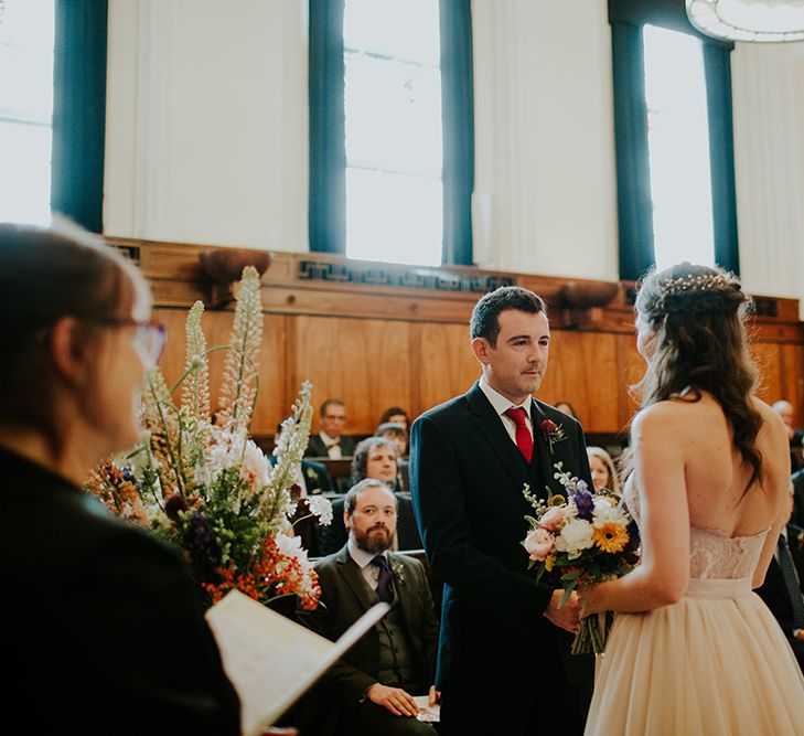 Wedding Ceremony | Bride in Watters Blush Ahsan Skirt & Carina Corset Bridal Separates | Groom in John Lewis Navy Suit | London Townhall Hotel Wedding | Irene Yap Photography