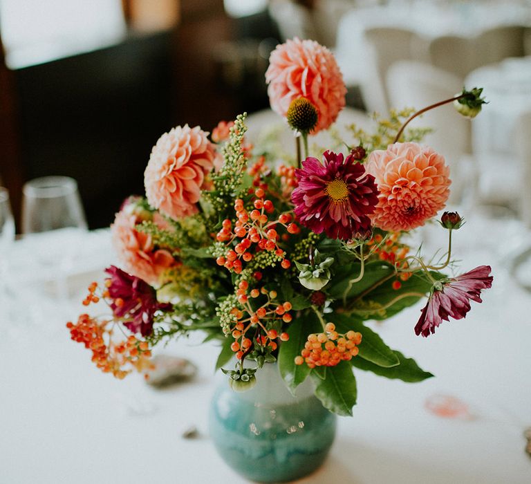 Orange Dahlia Wedding Flower Centrepiece | London Townhall Hotel Wedding | Irene Yap Photography