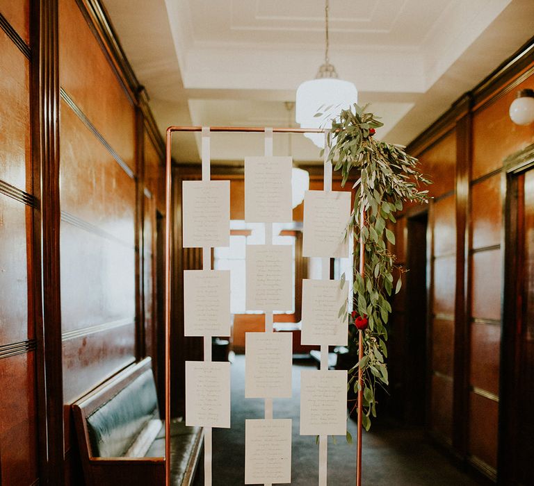 Copper Piping Table Plan with Flowers | London Townhall Hotel Wedding | Irene Yap Photography