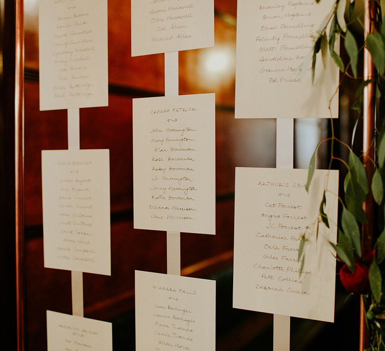 Strung Up Table Plan | London Townhall Hotel Wedding | Irene Yap Photography