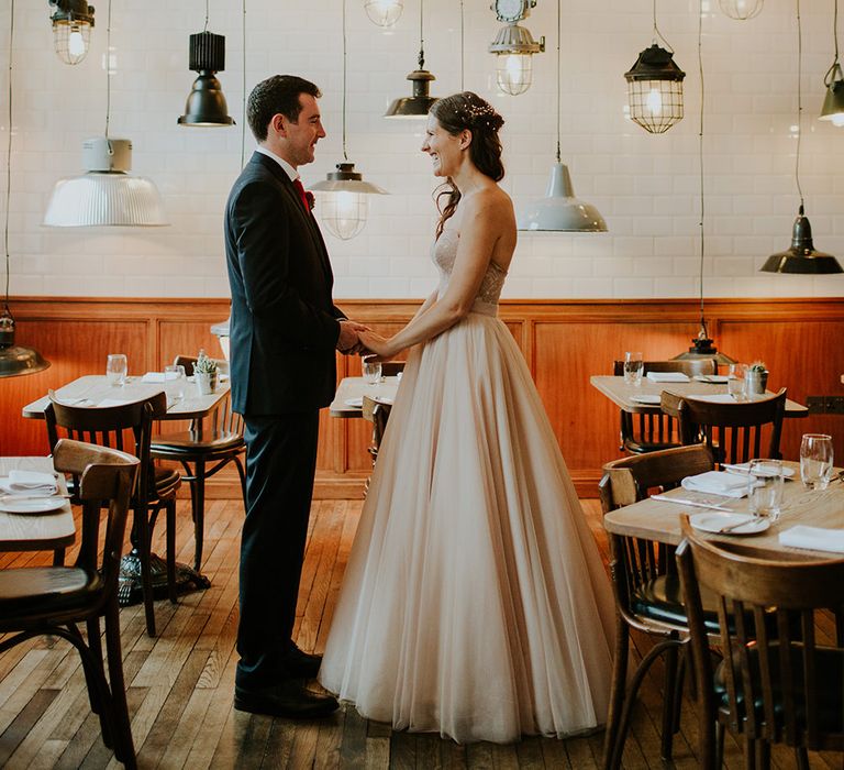 Bride in Watters Blush Ahsan Skirt & Carina Corset Bridal Separates | Groom in John Lewis Navy Suit | London Townhall Hotel Wedding | Irene Yap Photography