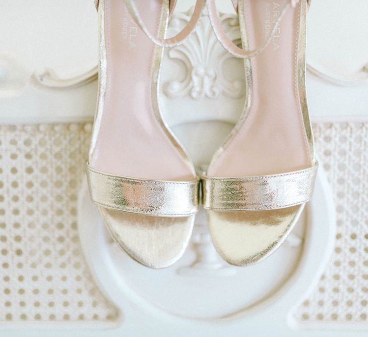 Gold Bridal Sandals | Pastel Spring Wedding at Loseley Park Barn | Sarah-Jane Ethan Photography | Captured Media Weddings Film