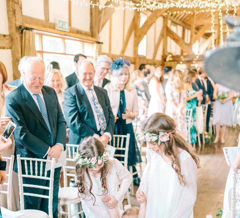 Wedding Ceremony | Flower Girls with Crowns | Pastel Spring Wedding at Loseley Park Barn | Sarah-Jane Ethan Photography | Captured Media Weddings Film