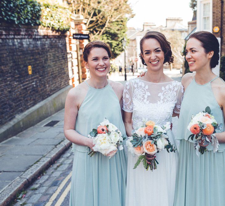 Bridesmaids in Pastel Green Dessy Dresses | Bride in Alice Temperley Saffron Gown | Vintage Wedding at Burgh House & The Pickle Factory London | Lovestruck Photography