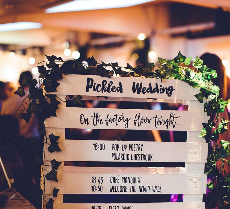 Wooden Crate Order of the Day Sign | Vintage Wedding at Burgh House & The Pickle Factory London | Lovestruck Photography