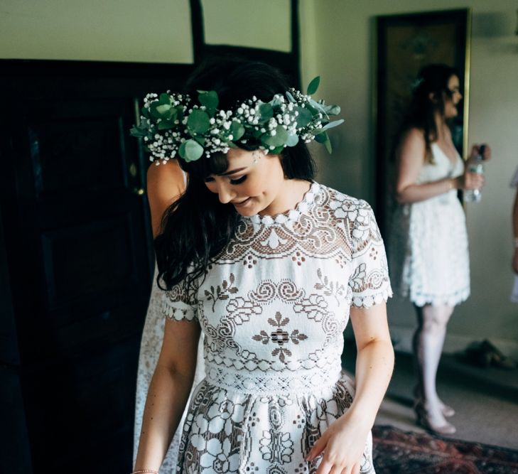 Stylish Bride in Saldana Vintage Bridal Separates & Greenery Flower Crown | Intimate Pub Wedding at The Bell in Ticehurst | Dale Weeks Photography