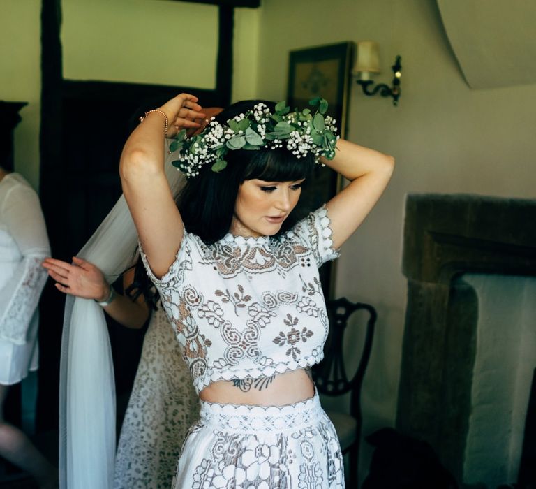 Stylish Bride in Saldana Vintage Bridal Separates & Greenery Flower Crown | Intimate Pub Wedding at The Bell in Ticehurst | Dale Weeks Photography