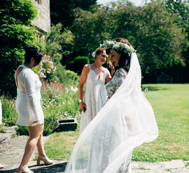 Stylish Bride in Saldana Vintage Bridal Separates & Greenery Flower Crown | Bridesmaids in White Dresses | Intimate Pub Wedding at The Bell in Ticehurst | Dale Weeks Photography