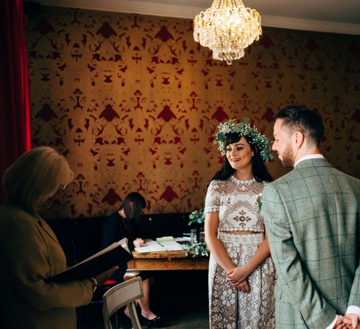 Wedding Ceremony | Stylish Bride in Saldana Vintage Bridal Separates & Greenery Flower Crown | Groom in Check Moss Bros Suit | Intimate Pub Wedding at The Bell in Ticehurst | Dale Weeks Photography