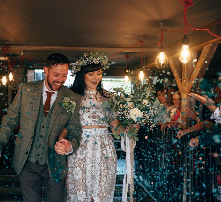 Wedding Ceremony | Stylish Bride in Saldana Vintage Bridal Separates & Greenery Flower Crown | Groom in Check Moss Bros Suit | Intimate Pub Wedding at The Bell in Ticehurst | Dale Weeks Photography