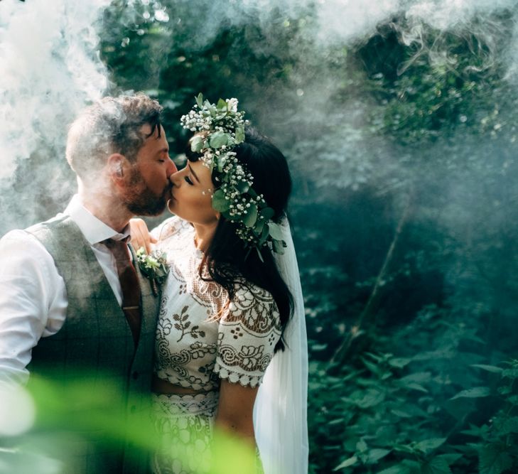 Smoke Bomb | Stylish Bride in Saldana Vintage Bridal Separates & Greenery Flower Crown | Groom in Check Moss Bros Suit | Intimate Pub Wedding at The Bell in Ticehurst | Dale Weeks Photography