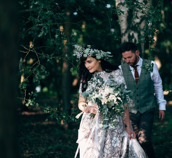 Stylish Bride in Saldana Vintage Bridal Separates & Greenery Flower Crown | Groom in Check Moss Bros Suit | Intimate Pub Wedding at The Bell in Ticehurst | Dale Weeks Photography