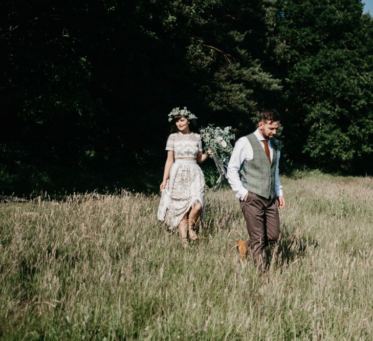 Stylish Bride in Saldana Vintage Bridal Separates & Greenery Flower Crown | Groom in Check Moss Bros Suit | Intimate Pub Wedding at The Bell in Ticehurst | Dale Weeks Photography