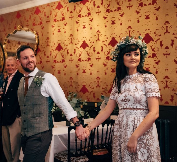 Stylish Bride in Saldana Vintage Bridal Separates & Greenery Flower Crown | Groom in Check Moss Bros Suit | Intimate Pub Wedding at The Bell in Ticehurst | Dale Weeks Photography