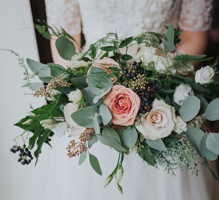 Winter Wedding Bouquet With Roses & Eucalyptus