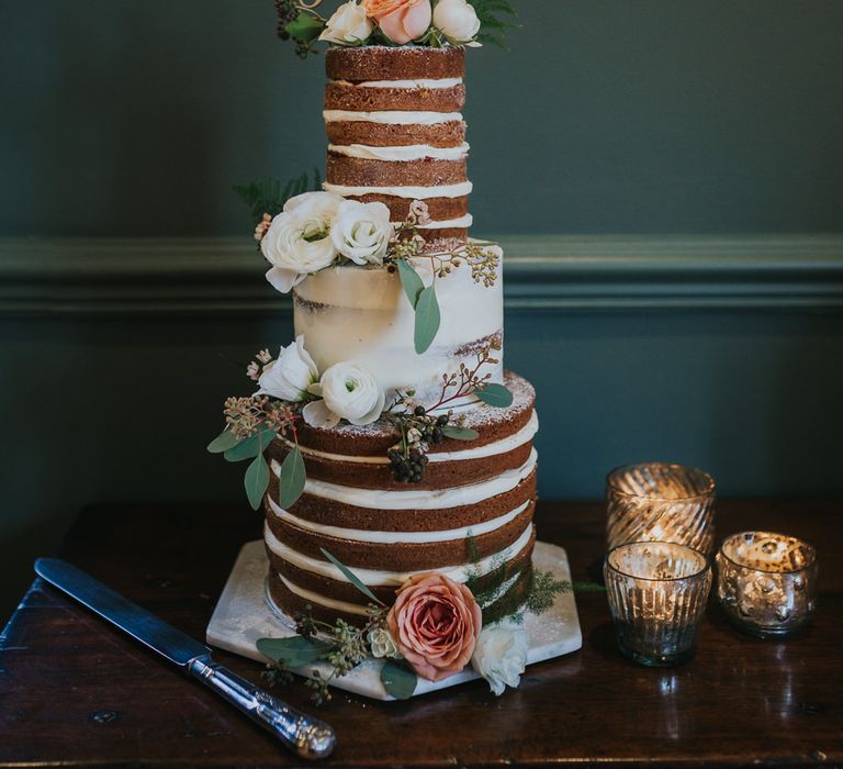 Naked Wedding Cake By Yolk With Fresh Flowers