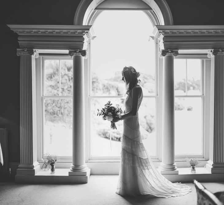 Beautiful Bride in Temperley Wedding Dress With Bouquet by The Garden Gate Flower Company