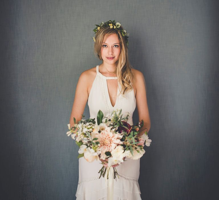 Beautiful Bride in Temperley Wedding Dress With Bouquet by The Garden Gate Flower Company