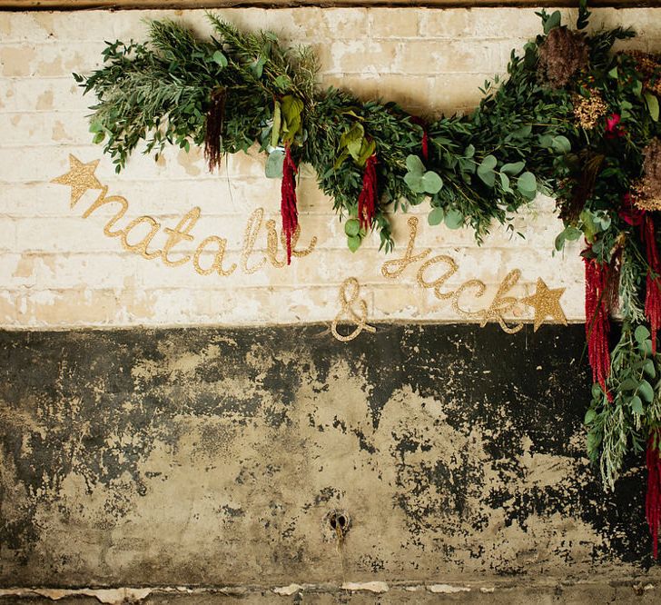 Jay Archer Floral Garland & Gold Letter Sign | Natalie Hewitt Planned Wedding at Normanton Church & Kingsthorpe Lodge Barn | Jeni Smith Photography | Blue Ridge Wedding Videography