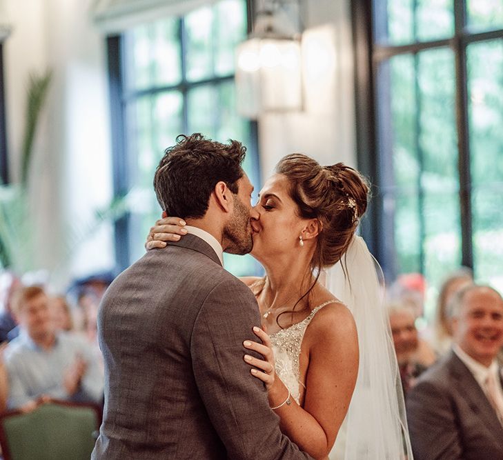 Pronovias Bride With Relaxed Up Do For A Navy & Gold Themed Wedding At Larmer Tree Gardens With Images From Jason Mark Harris