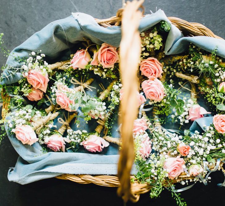 Basket of Pink Rose Buttonholes