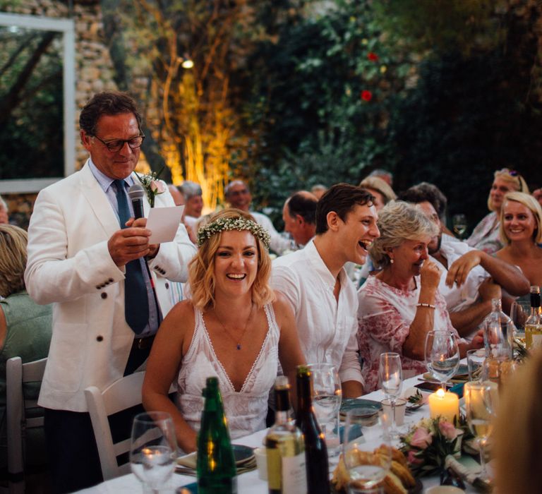 Wedding Reception Speeches | Bride & Groom | Outdoor Greek Destination Wedding at The Peligoni Club | Lucy Turnbull Photography