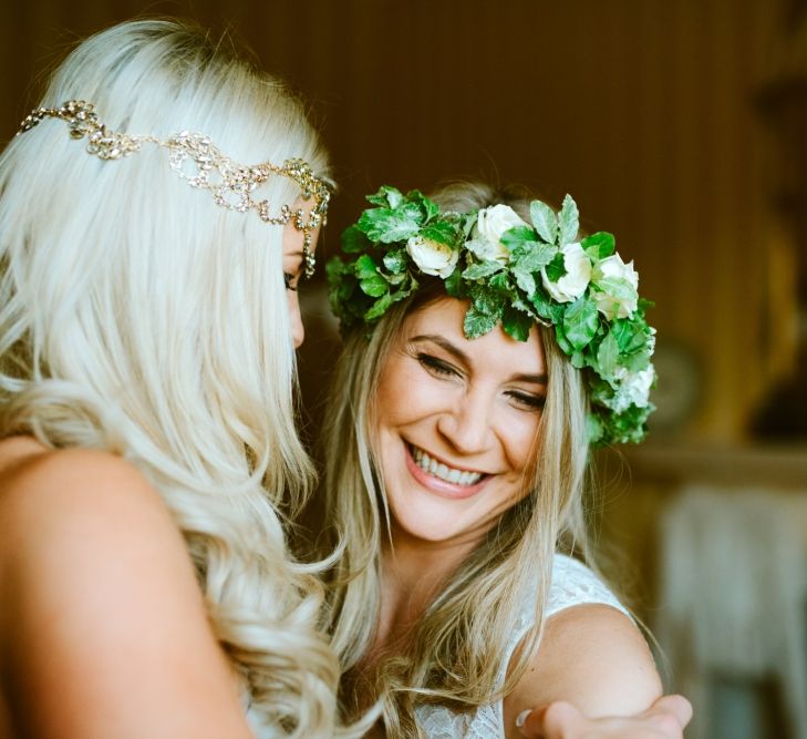 Bridesmaid In White Rose & Foliage Flower Crown