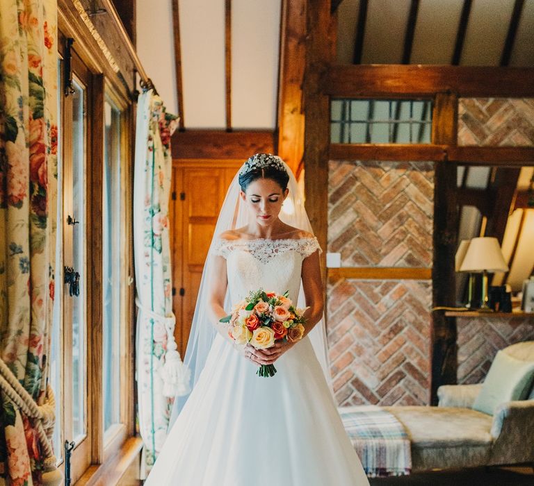 Bride in Suzanne Neville Heather Wedding Dress | Coral & Green Wedding at The Italian Villa in Poole, Dorset with Japanese Gardens | Peppermint Love Photography | Wedding Memories Film