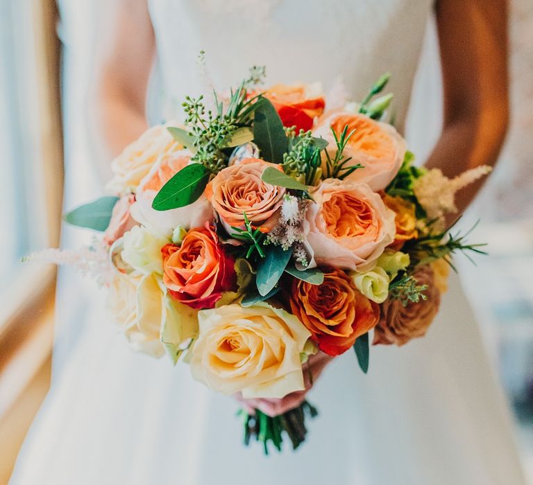 Bride in Suzanne Neville Heather Wedding Dress | Classic Rose Bridal Bouquet | Coral & Green Wedding at The Italian Villa in Poole, Dorset with Japanese Gardens | Peppermint Love Photography | Wedding Memories Film