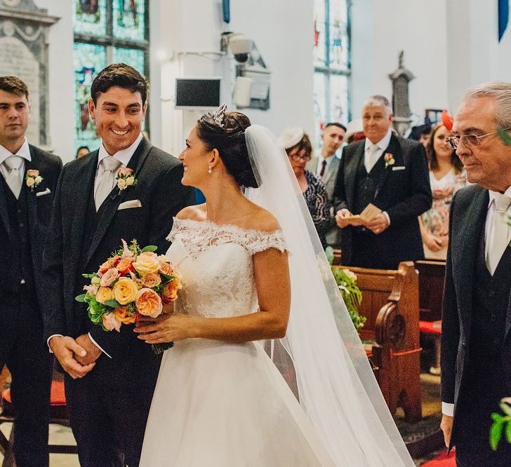 Church Wedding Ceremony | Bride in Suzanne Neville Heather Wedding Dress | Groom in Tuxedo | Coral & Green Wedding at The Italian Villa in Poole, Dorset with Japanese Gardens | Peppermint Love Photography | Wedding Memories Film