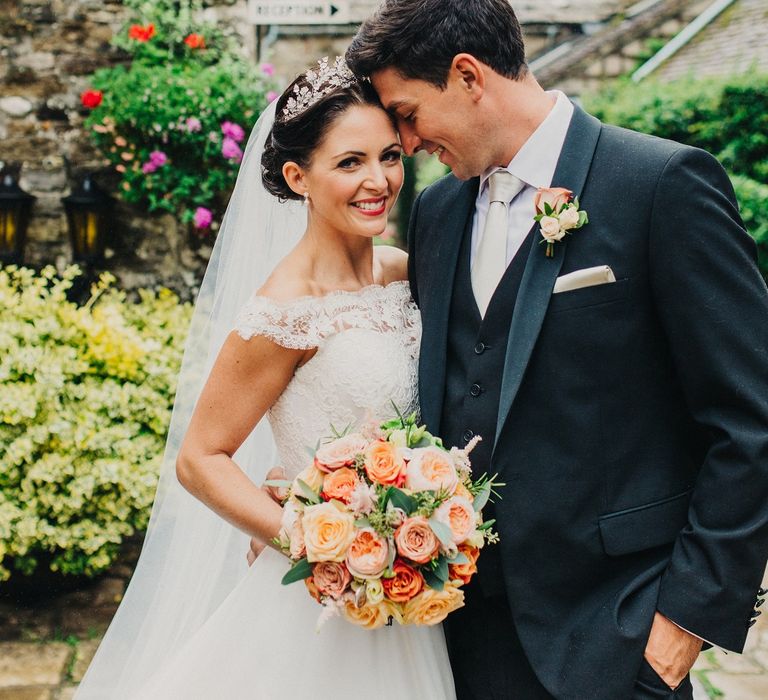 Bride in Suzanne Neville Heather Wedding Dress | Groom in Tuxedo | Coral & Green Wedding at The Italian Villa in Poole, Dorset with Japanese Gardens | Peppermint Love Photography | Wedding Memories Film