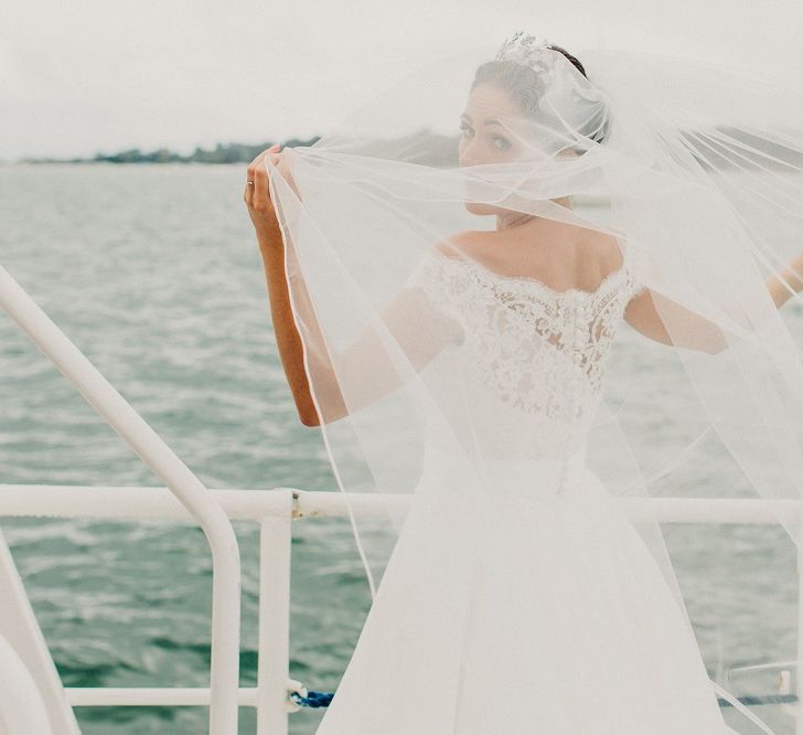 Bride in Suzanne Neville Heather Wedding Dress | Coral & Green Wedding at The Italian Villa in Poole, Dorset with Japanese Gardens | Peppermint Love Photography | Wedding Memories Film