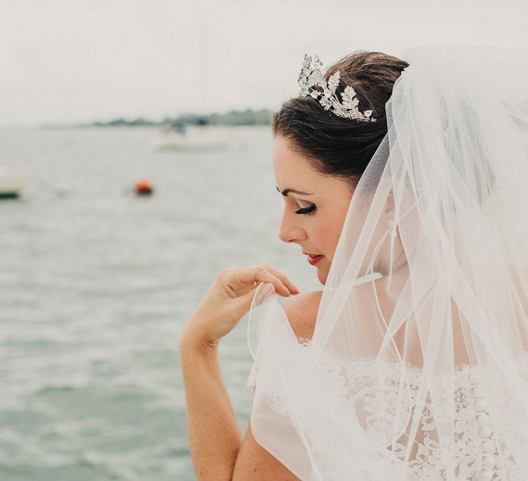 Bride in Suzanne Neville Heather Wedding Dress | Coral & Green Wedding at The Italian Villa in Poole, Dorset with Japanese Gardens | Peppermint Love Photography | Wedding Memories Film