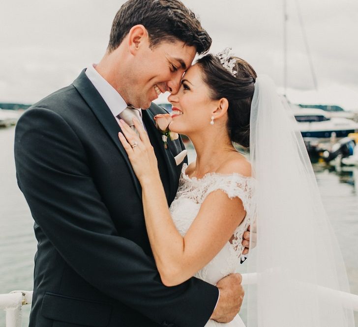 Bride in Suzanne Neville Heather Wedding Dress | Groom in Tuxedo | Coral & Green Wedding at The Italian Villa in Poole, Dorset with Japanese Gardens | Peppermint Love Photography | Wedding Memories Film