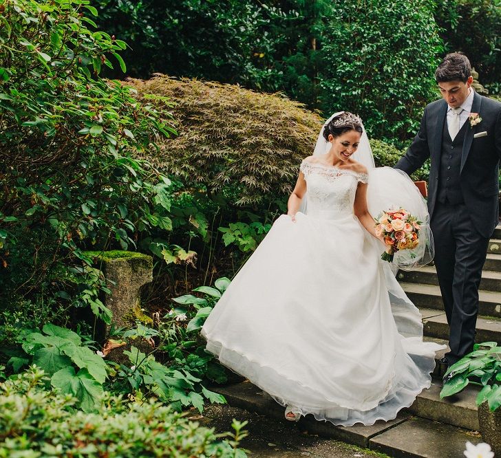 Bride in Suzanne Neville Heather Wedding Dress | Groom in Tuxedo | Coral & Green Wedding at The Italian Villa in Poole, Dorset with Japanese Gardens | Peppermint Love Photography | Wedding Memories Film