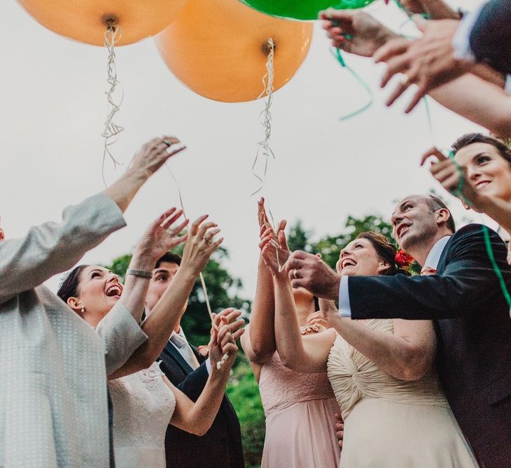 Balloon Send Off | Coral & Green Wedding at The Italian Villa in Poole, Dorset with Japanese Gardens | Peppermint Love Photography | Wedding Memories Film