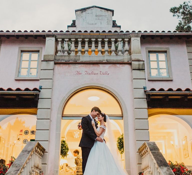 Bride in Suzanne Neville Heather Wedding Dress | Groom in Tuxedo | Coral & Green Wedding at The Italian Villa in Poole, Dorset with Japanese Gardens | Peppermint Love Photography | Wedding Memories Film