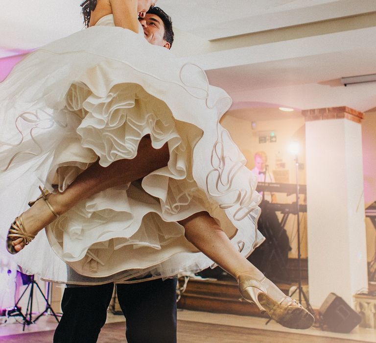 First Dance | Bride in Justin Alexander 8800 Wedding Dress | Groom in Tuxedo | Coral & Green Wedding at The Italian Villa in Poole, Dorset with Japanese Gardens | Peppermint Love Photography | Wedding Memories Film