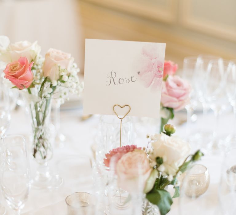 Flower Table Names & Pink Flower Stems in Bud Vases as Centrepieces