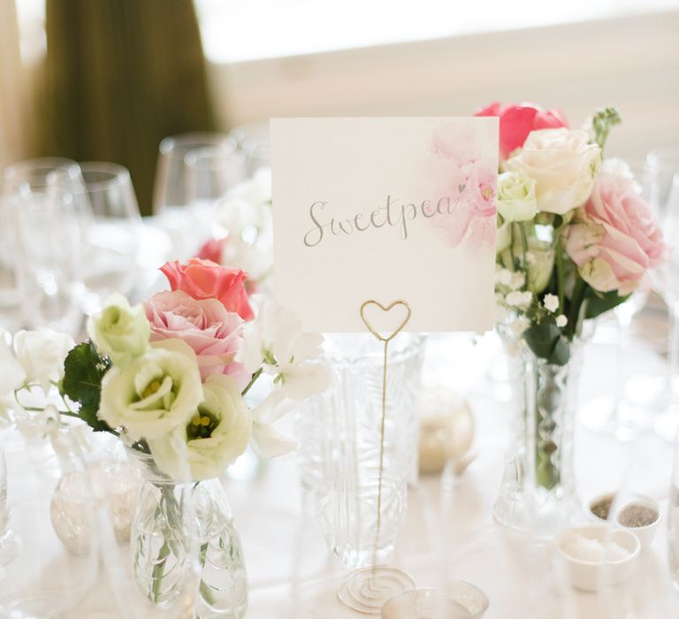 Flower Table Names & Pink Flower Stems in Bud Vases as Centrepieces